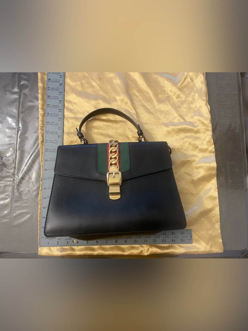 Gucci Sylvia Purse Black Leather Top Handle with Green-Red Web and Gold Hardware - Picture 3 of 9